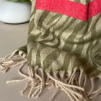 Zebra Print Scarf With Stripe In Khaki And Fuchsia, 3 of 3