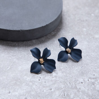 Navy Blue Hand Painted Flower Stud Earrings, 2 of 3