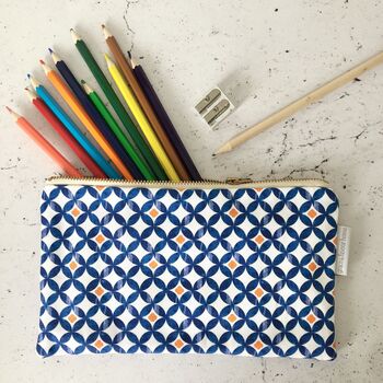 Safiya Pencil Case, Blue And Orange Geometric Pattern, 2 of 2