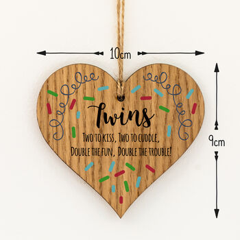 Twins New Baby Gift Hanging Wood Heart, 3 of 3