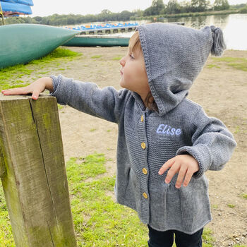 Personalised Grey Knitted Flare Hooded Cardigan, 2 of 9
