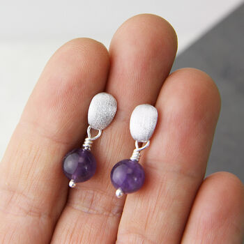 Brushed Sterling Silver And Amethyst Stud Earrings, 2 of 9