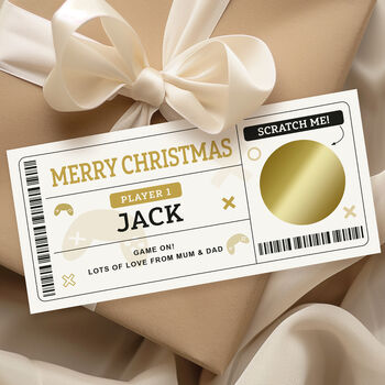 Personalised Gamer Scratch Card Christmas Voucher: Gold Circle Design, 3 of 7