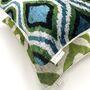 Oblong Velvet Ikat Cushion Blue Green Bulbous, thumbnail 2 of 6