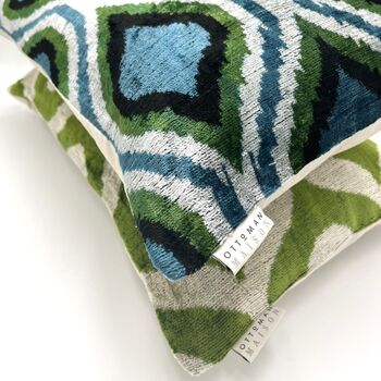 Oblong Velvet Ikat Cushion Blue Green Bulbous, 2 of 6