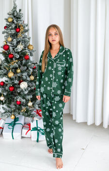 Family Christmas Green Snowflake Personalised Pyjamas, 3 of 12