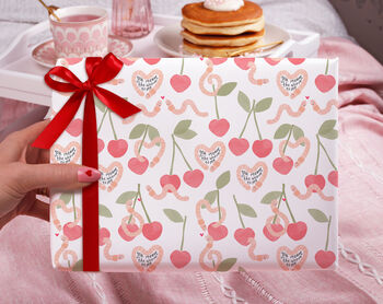 Three Sheets Of Cherry And Worm Wrapping Paper, 2 of 2