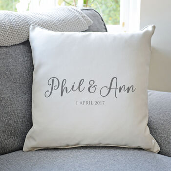 Personalised Couple's Names And Date Cushion, 2 of 4