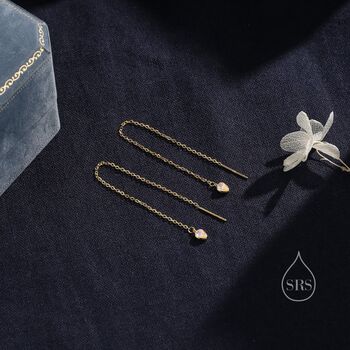 Small Moonstone Droplet Long Threader Earrings, 4 of 9