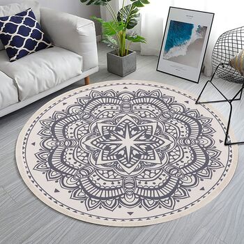 Grey Printed Cotton Round Area Rug, 6 of 7