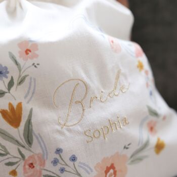 Personalised Wildflower Wedding Embroidered Keepsake Drawstring Bride Bag, 5 of 6