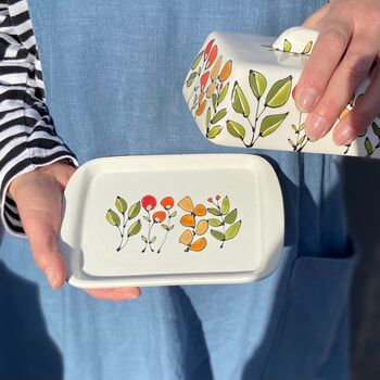Personalised Handpainted Leaf And Bud Butter Dish, 2 of 2