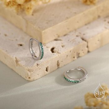 Skinny Emerald Green Cz Huggie Hoop Sterling Silver, 4 of 10
