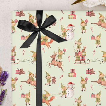 Three Sheets Of Green Christmas Elf Wrapping Paper, 2 of 2