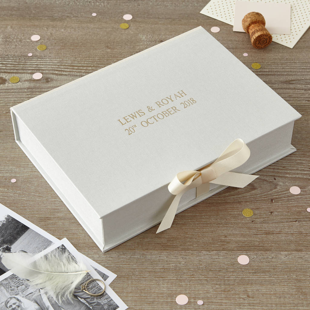 personalised wedding keepsake box in linen by harris & jones