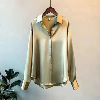 Green Silk Satin Plain Long Sleeve Loose Shirt, 5 of 6