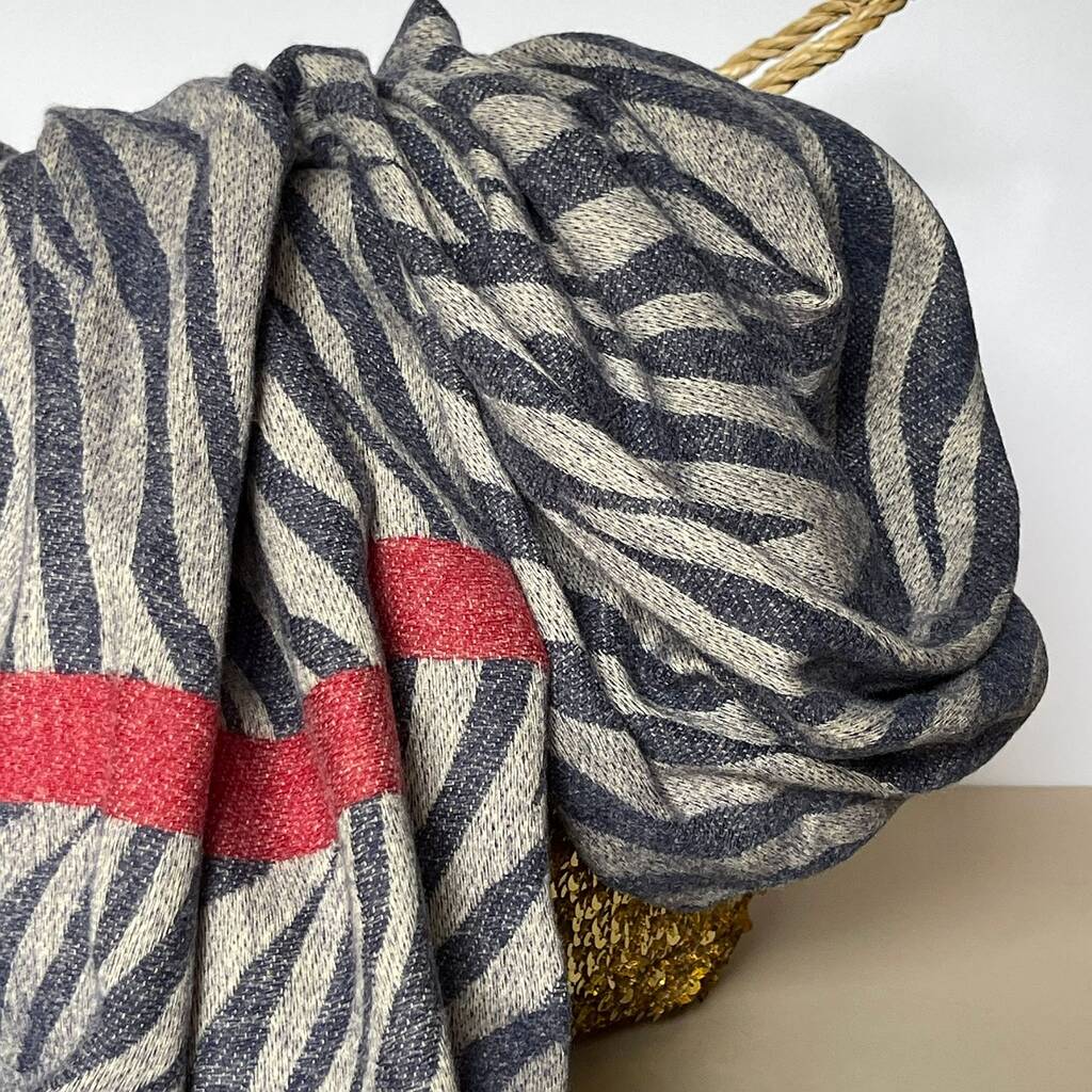 Zebra Print Scarf With Stripe In Navy Blue And Red By Nest Gifts