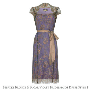 Bespoke Lace Bridesmaid Dresses In Bronze And Violet, 3 of 7