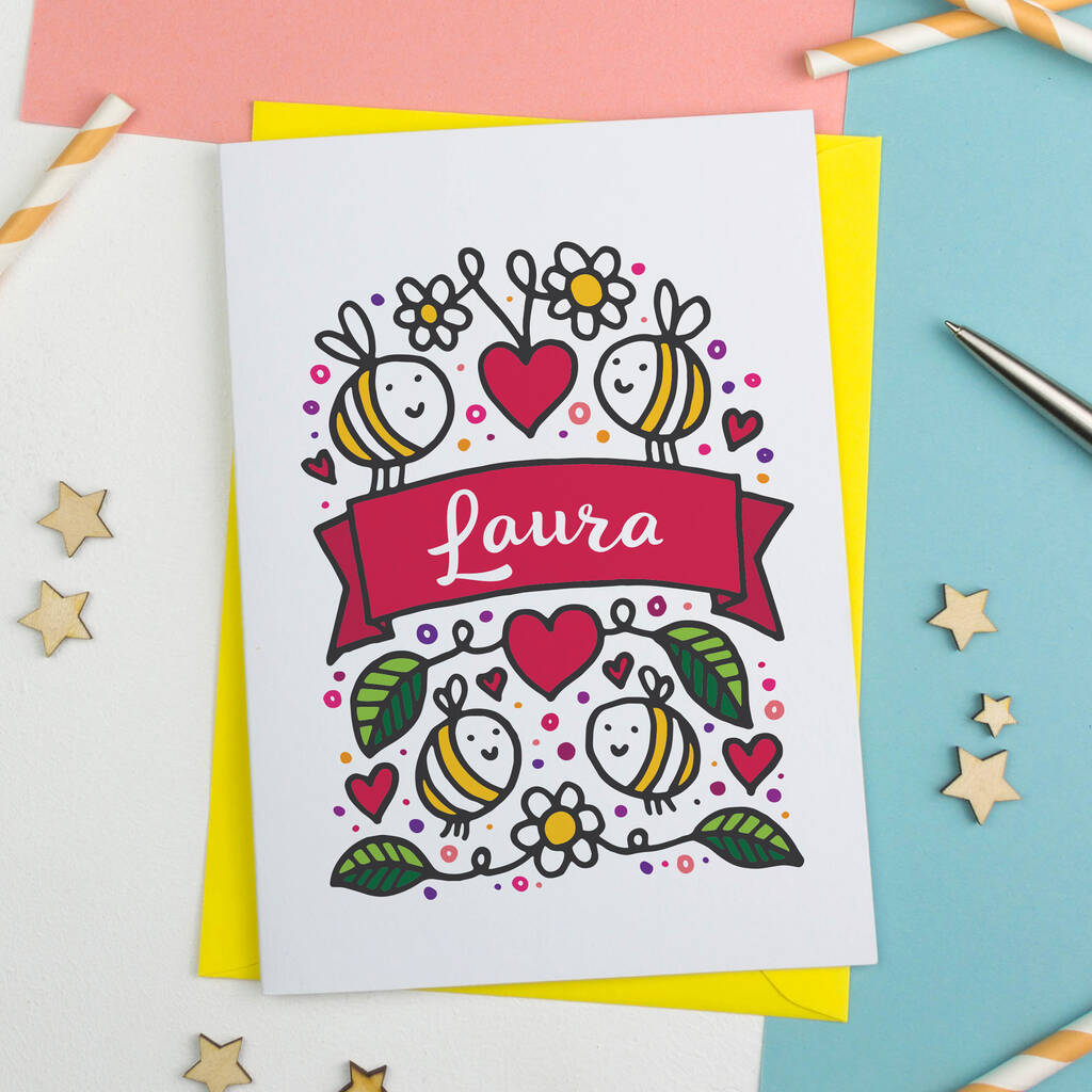 Illustrated Bee's And Hearts Personalised Card, 1 of 2
