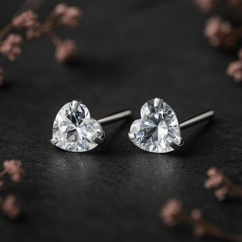 Sterling Silver Small Cubic Zirconia Heart Stud Earrings, 3 of 9
