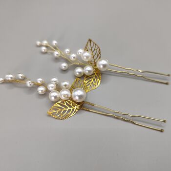 Pearl And Gold Leaf Hair Pins – Elegant Bridal And Bridesmaid Hair Accessories, 3 of 12