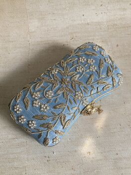 Handcrafted Raw Silk Rectangular Blue Clutch, 2 of 10