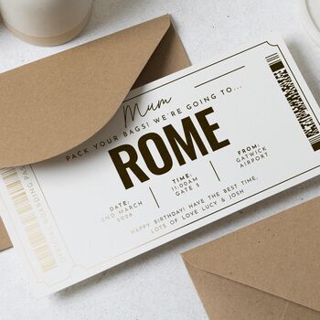 Personalised Rome Gold Foil Boarding Pass Gift Voucher, 5 of 9
