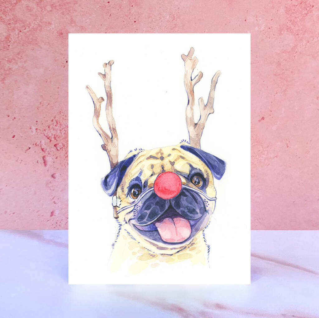 Pug Reindeer Rudolph Dog Christmas Card, 1 of 1