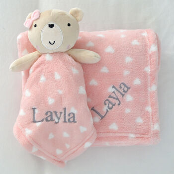 Personalised Pink Bear Hearts Comforter And Blanket Set, 5 of 8