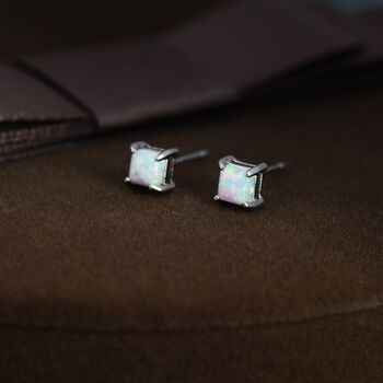 White Opal Square Stud Earrings In Sterling Silver, 2 of 12