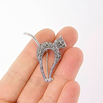 Marcasite Sterling Silver Cat Brooch, 2 of 8