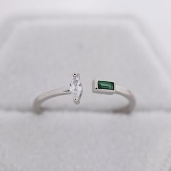 Sterling Silver Emerald Green Cz Marquise And Baguette Open Ring, 6 of 12