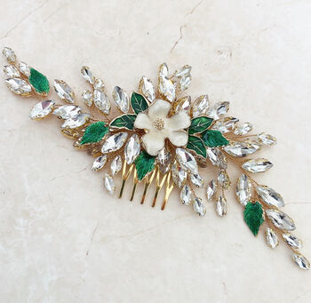 Crystal And Green Leaf Hair Comb, 4 of 5