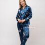 Blue Printed Soft Satin Long Sleeve Luxury Pyjama Set, thumbnail 3 of 9