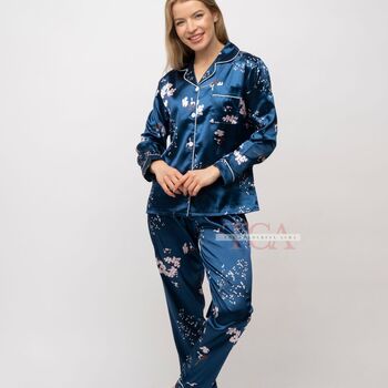 Blue Printed Soft Satin Long Sleeve Luxury Pyjama Set, 3 of 9