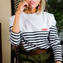 Embroidered Year Long Sleeve Panel Striped T Shirt, thumbnail 1 of 3