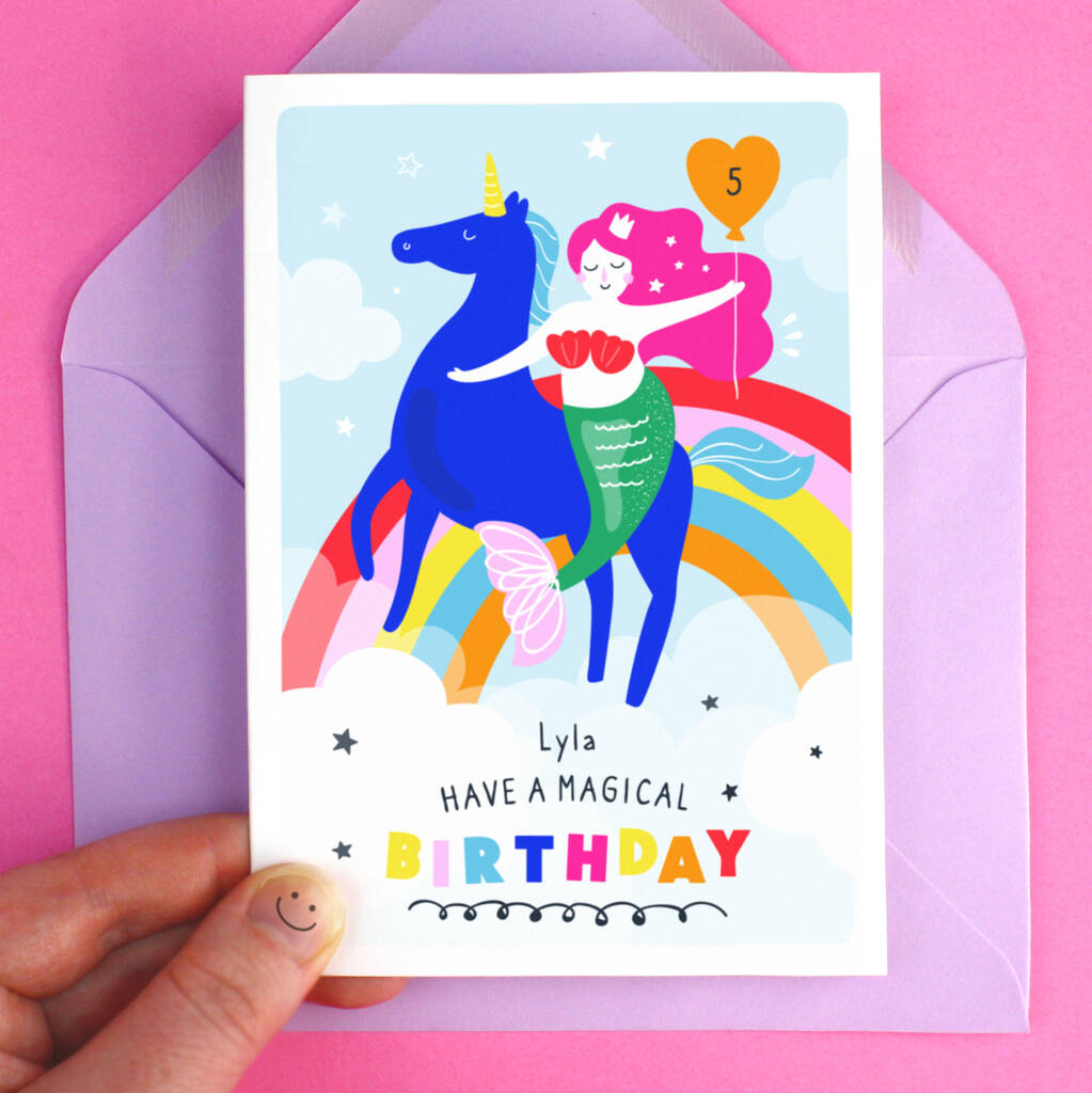 Personalised Mermaid Unicorn Happy Birthday Card, 1 of 7