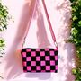 Boxy Crossbody Bag Pink Checkered Pattern On Dark Green, thumbnail 1 of 3