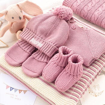 Dawn Pink Welcome Baby Knitted Essentials And Toy Gift Set, 2 of 12