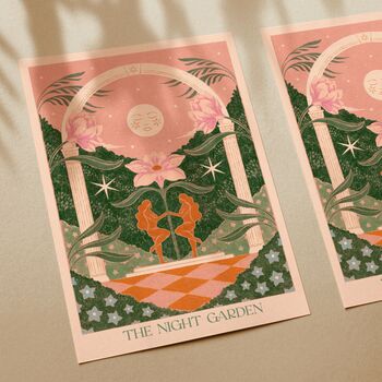 The Night Garden Pink Version, Floral Moon Botanical Art Print, 2 of 3
