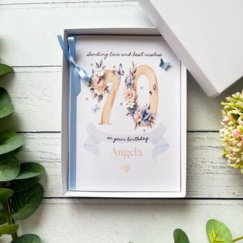 Personalised 70th Birthday Card. Blue Butterflies Design, 2 of 6