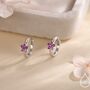 Sterling Silver Ruby Pink Cz Flower Huggie Hoops, thumbnail 1 of 12