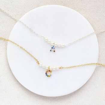 Pearl Bar Necklace With Rainbow Initial, 2 of 10