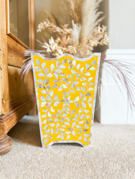 Mother Of Pearl Inlay Waste Paper Bin | Sunshine Yellow, 3 of 5