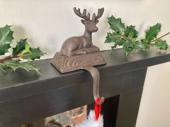 Cast Iron Reindeer Stocking Holder Xmas Mantel Hanger, 3 of 7