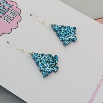 Snowfall / Blue Glitter Christmas Tree Earrings Small And Large, 6 of 10