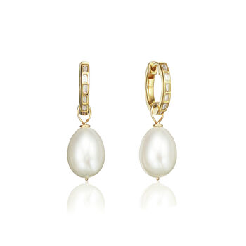 Diamond Style Baguette Pearl Drop Hoop Earrings, 5 of 11