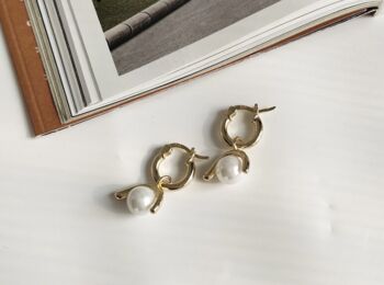 Chunky 14 K Gold Plated Silver Pearl Hoops Earrings, 6 of 8