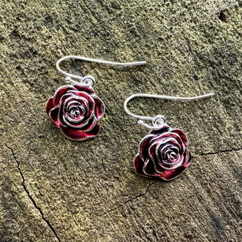 Red Rose Drop Earrings, Silver Plated, 2 of 6