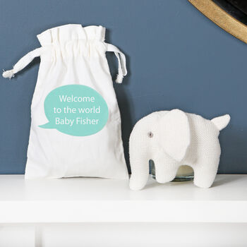Off White Knitted Elephant Rattle With Personalised Bag, 3 of 5